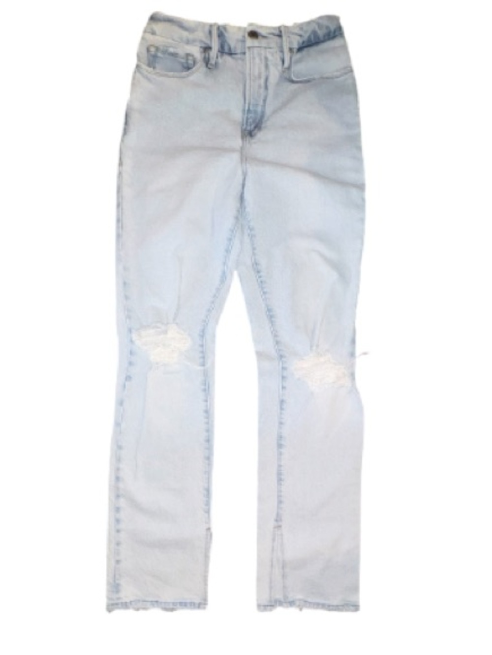 Good American Light Wash Distressed High-Rise Jeans W/ 4.5” slit at hems